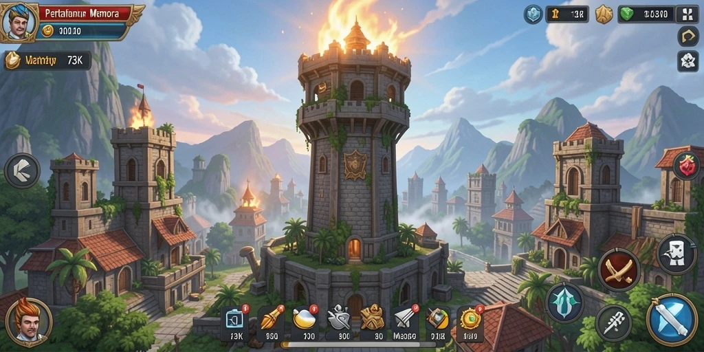 Screenshot menampilkan aksi seru dari pertahanan menara yang kokoh.