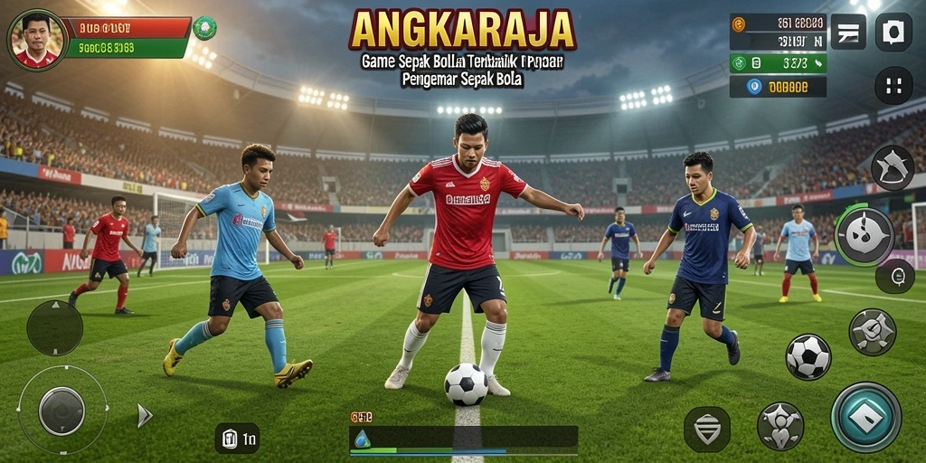 Screenshot gameplay ANGKARAJA menunjukkan aksi seru sepak bola.