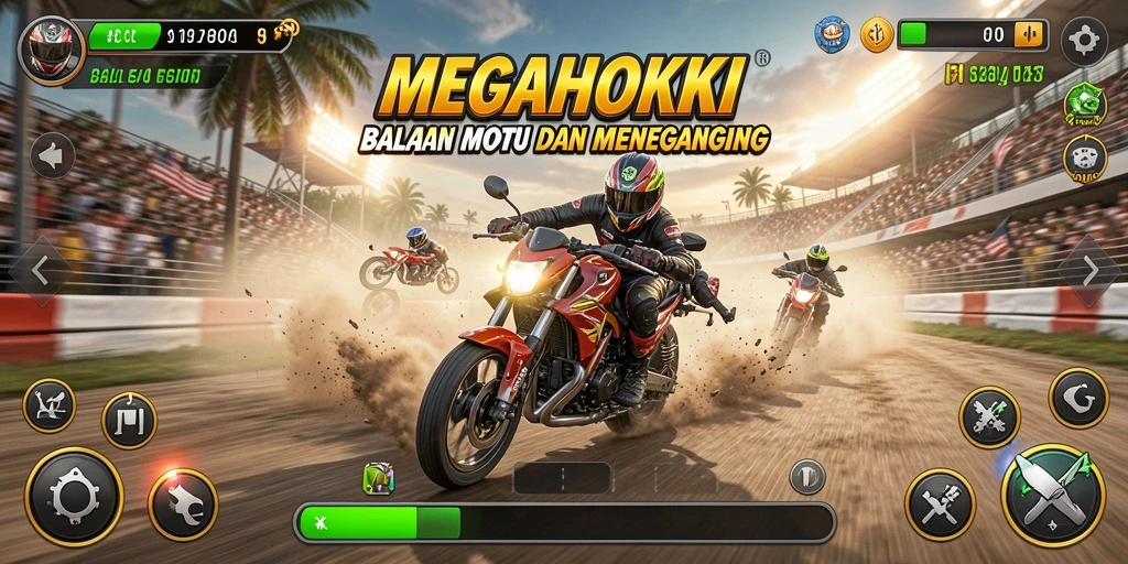 Screenshot gameplay MEGAHOKI dengan balapan motor yang seru.